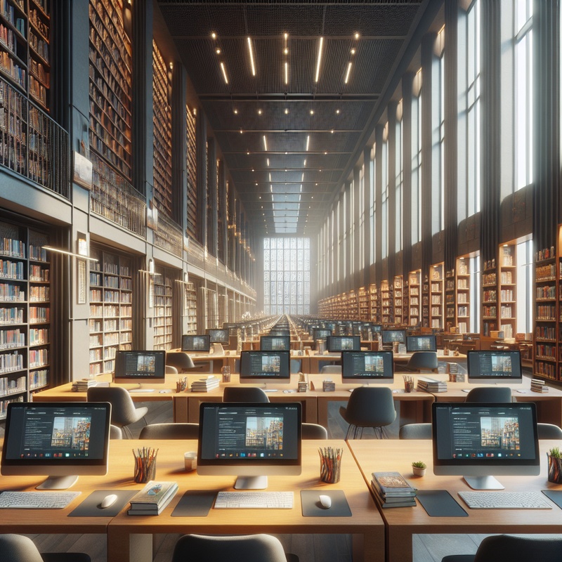 A modern library with computers and educational materials.