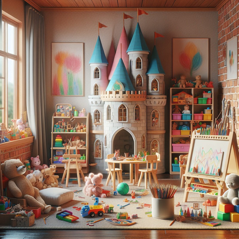 Colorful children's playroom with art supplies and toys.