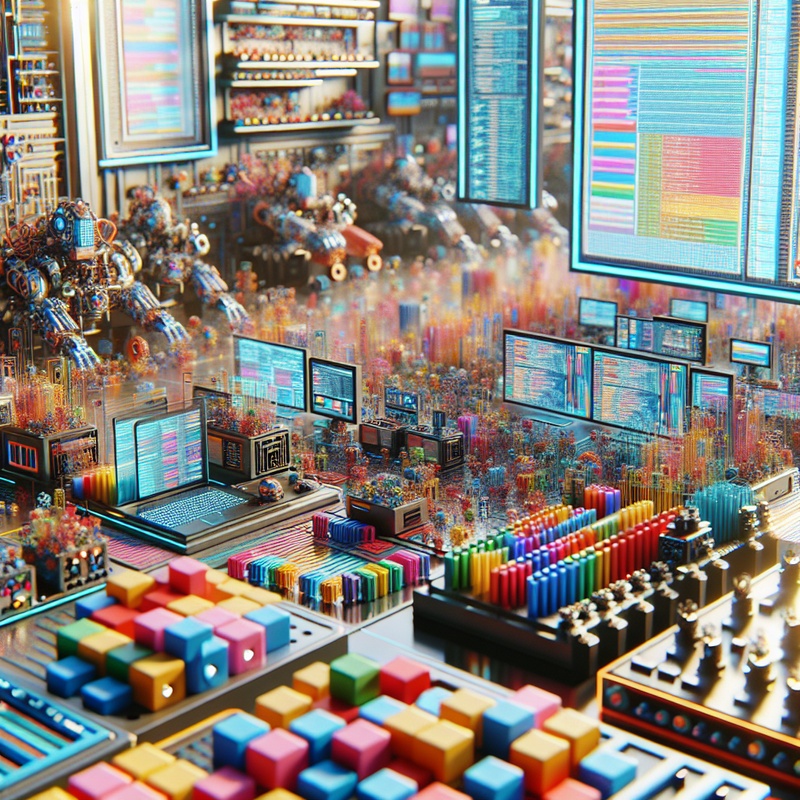 Colorful coding blocks and robotic parts in a bright workspace.