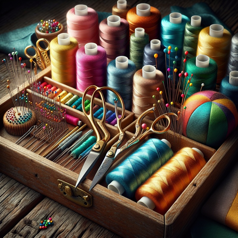 A sewing kit with colorful threads, scissors, needles, and a pincushion on a table.