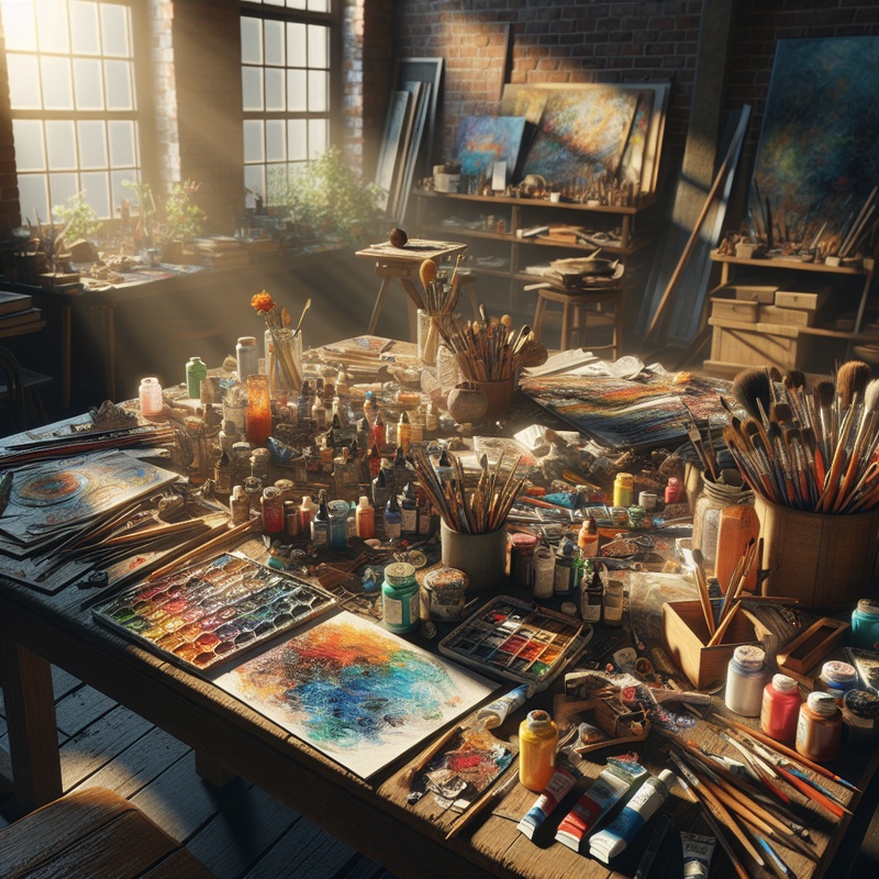 Art studio with colorful paints and materials on a table.