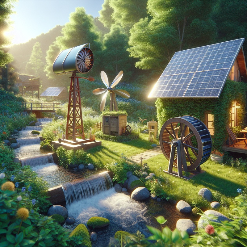 Solar oven, wind turbine, and water wheel in a garden.