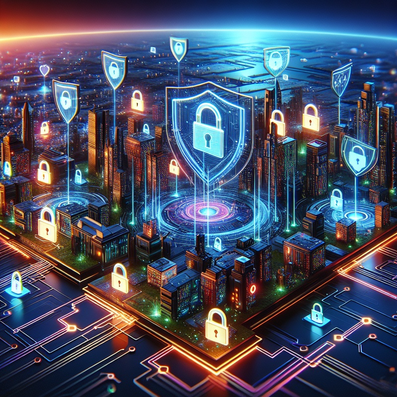 Futuristic cityscape with symbols of online safety like padlocks and shields.