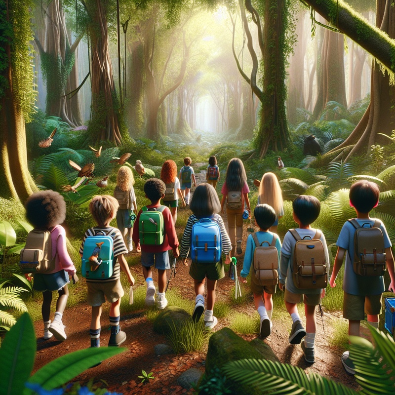 Children exploring a forest with scavenger kits, surrounded by plants and animals.