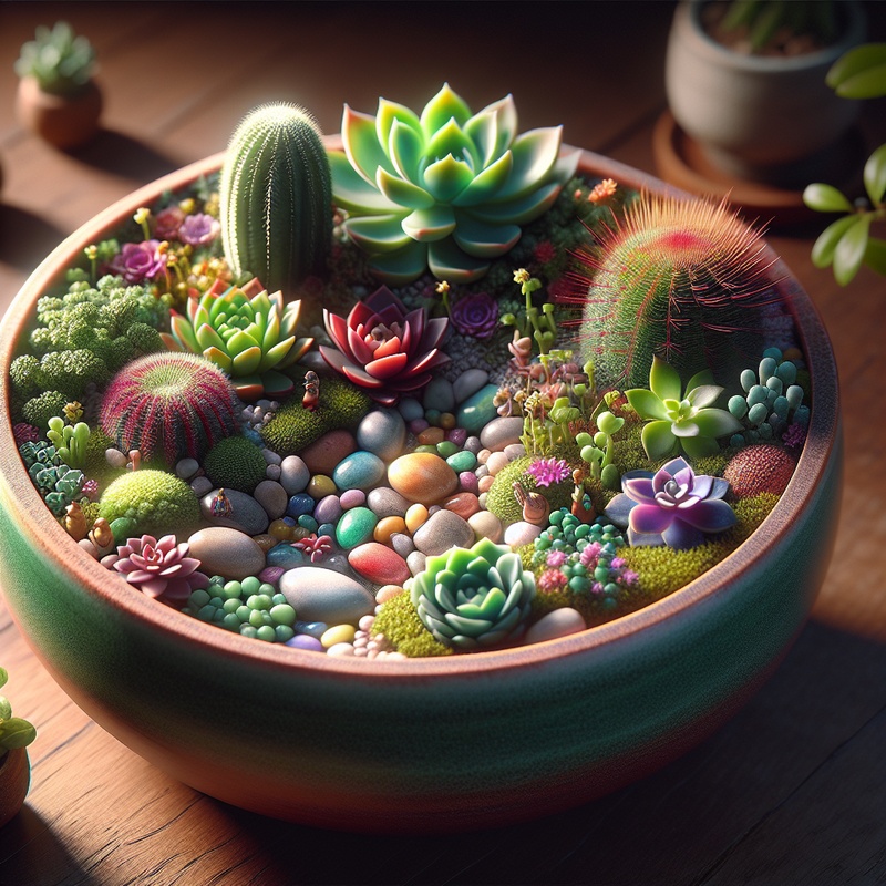 Miniature garden with succulents, herbs, pebbles, and figurines in a ceramic container.