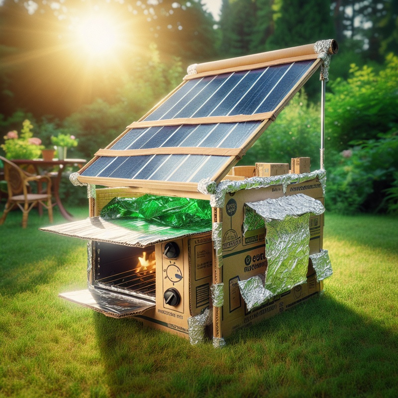 A solar oven constructed from cardboard and foil in a sunny backyard.