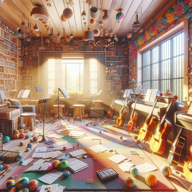 A music room with instruments and sheet music in natural light.