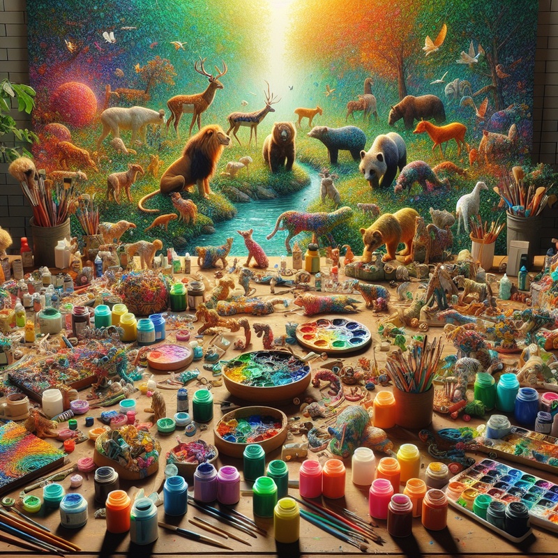 A craft table with eco-friendly paints and wildlife-themed art projects.