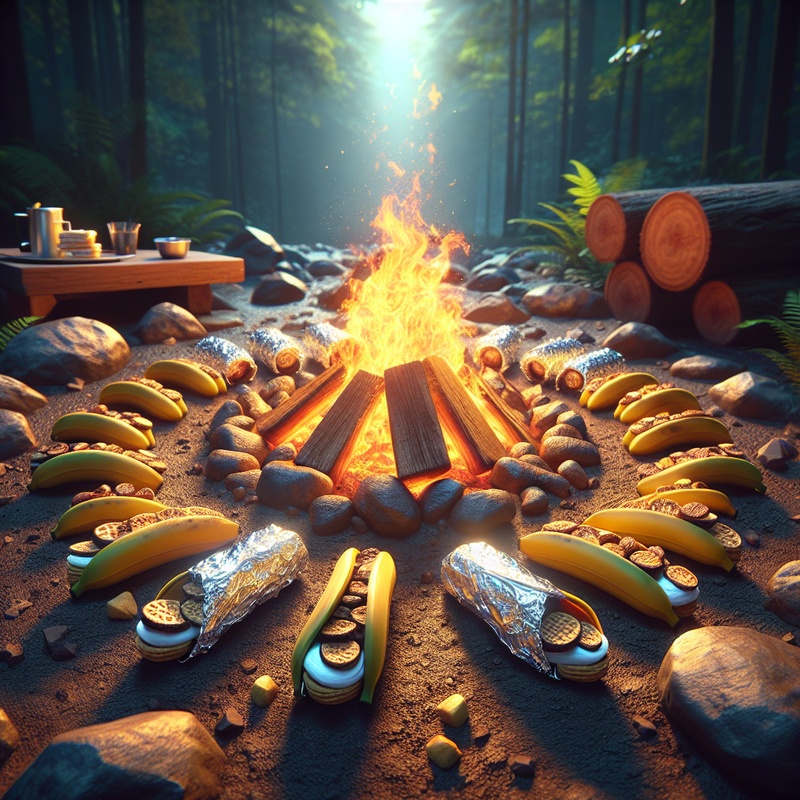 Campfire with foil-wrapped banana boats and s'mores cones in a forest setting.