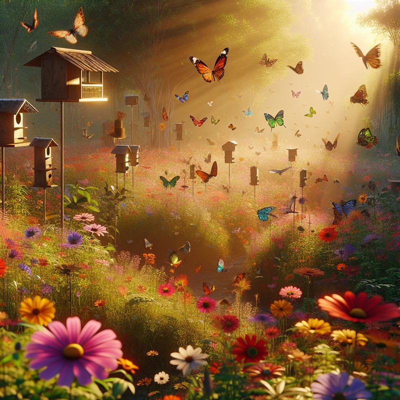 A butterfly garden with wildflowers, butterflies, birdhouses, and insect hotels in sunlight.