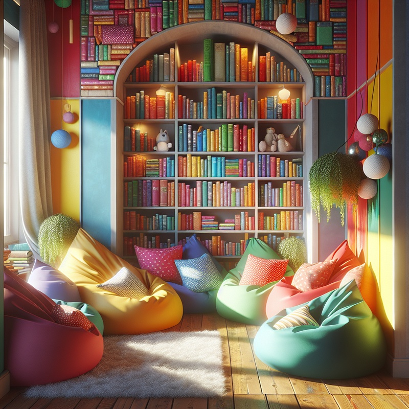 A cozy reading nook with colorful decorations and comfortable seating.