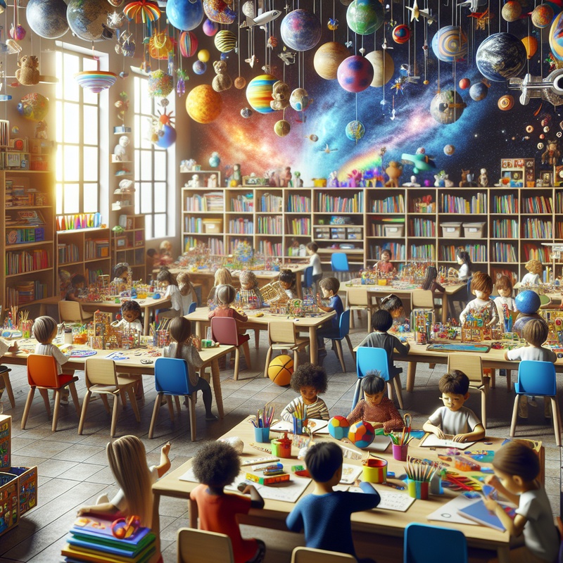 Classroom with children playing educational games, surrounded by books and art supplies.