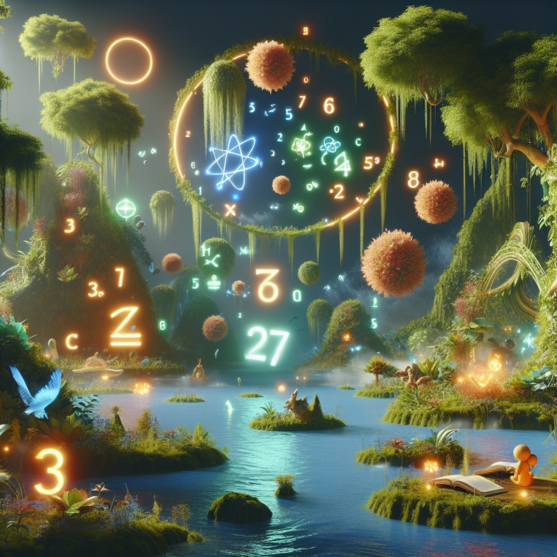 Fantasy landscape with floating islands and glowing math symbols.