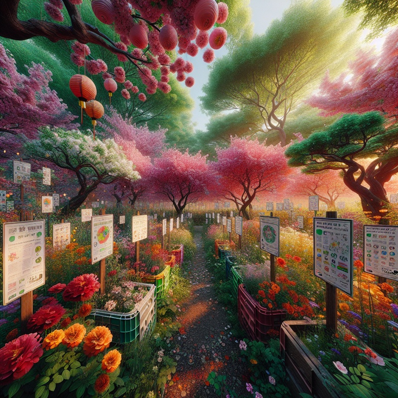 A colorful community garden with flowers, paper lanterns, and recycling posters.