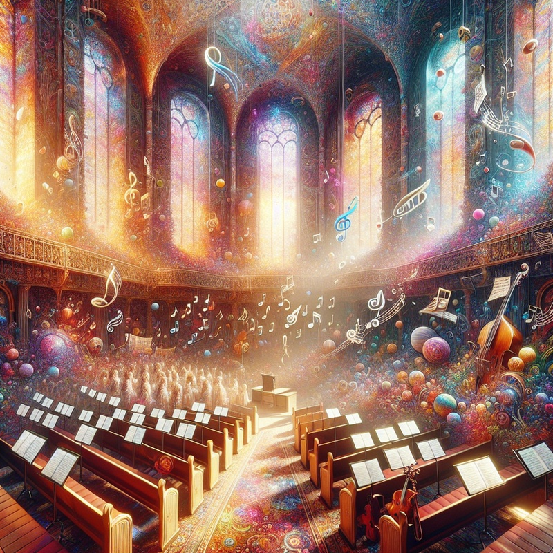 A bright choir room with musical notes and instruments.