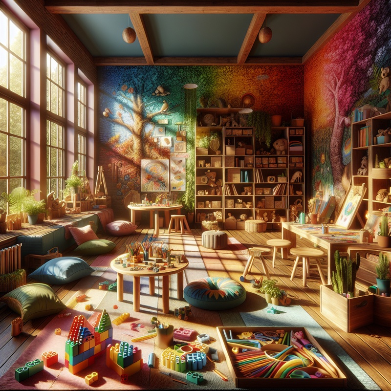 A playroom with building blocks, art supplies, and nature-themed decor in natural light.