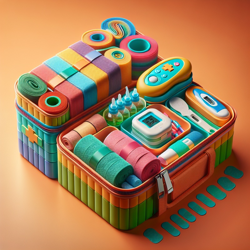 Kids' first aid kit with colorful supplies in a bright container.