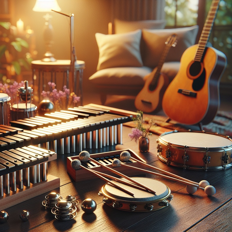 Various musical instruments like xylophone and guitar in a warm setting.