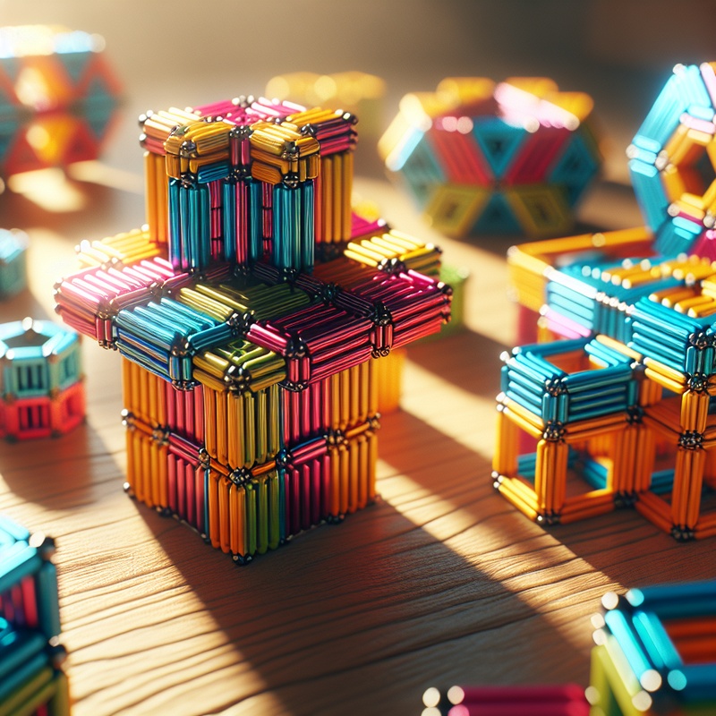Colorful magnetic building tiles forming geometric structures on a table.