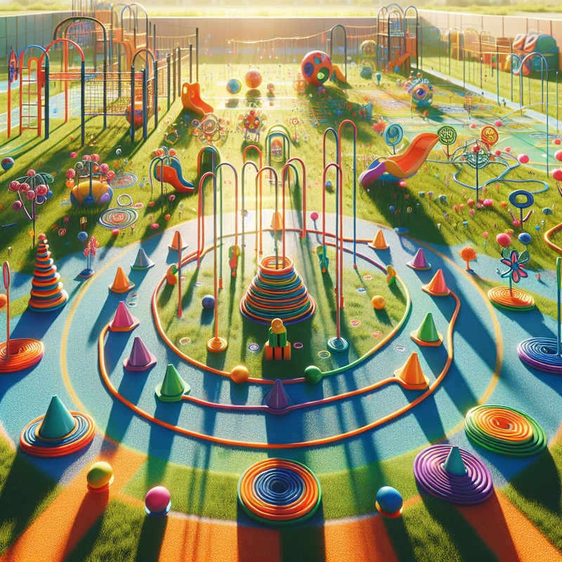 Colorful play area with cones, ropes, and markers in a sunny field.