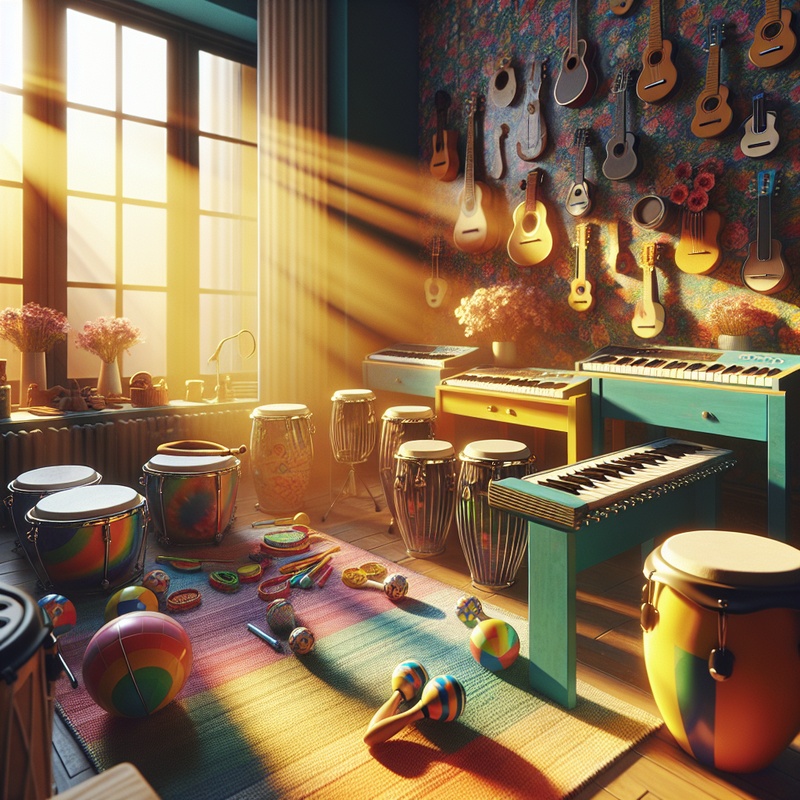 A music room with various instruments and natural light.