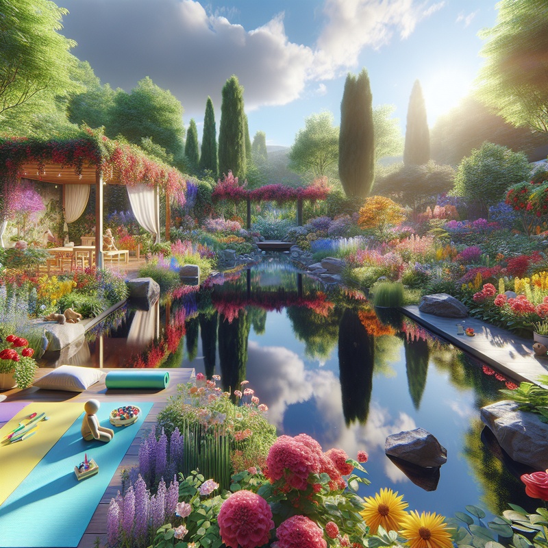 A peaceful garden with flowers, a pond, and a mindfulness area for children.
