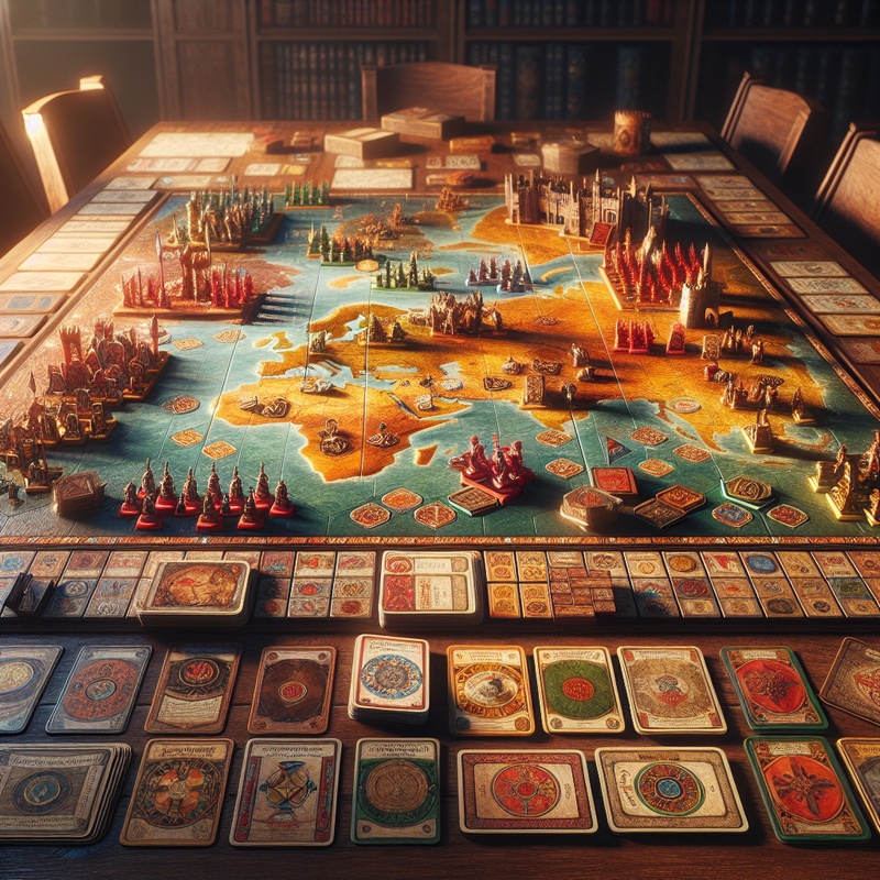 Board game with historical themes on a wooden table.