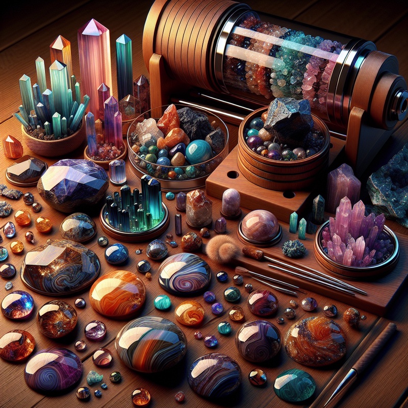 Geology kit with gemstones, rock tumbler, and crystals on a table.