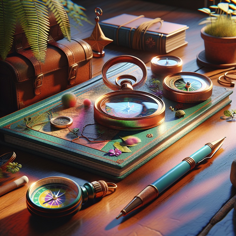 Nature exploration kit with magnifying glass, compass, and journal on a table.