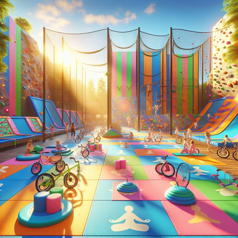 A playground with trampolines, bikes, climbing walls, dance mats, and yoga cards.