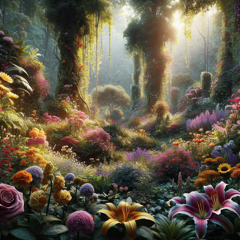 A colorful botanical garden with various plants and flowers in natural light.