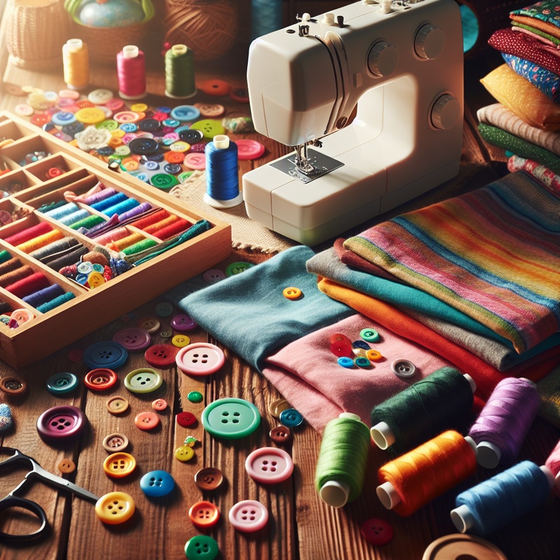 Sewing kit with colorful fabrics, buttons, and a child-friendly sewing machine on a table.