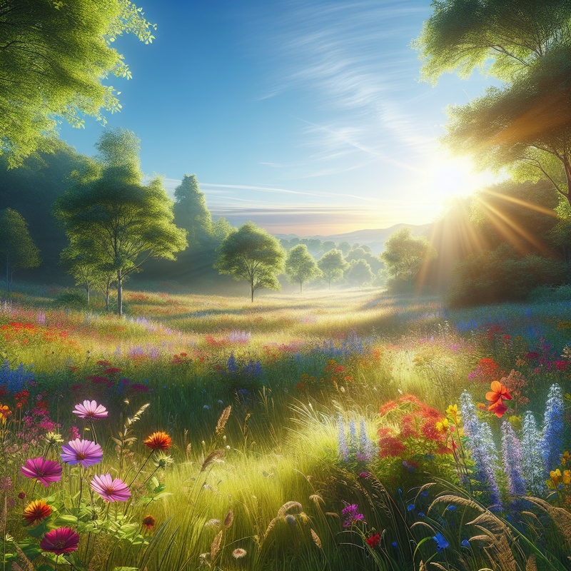 A peaceful meadow with wildflowers under a clear sky.