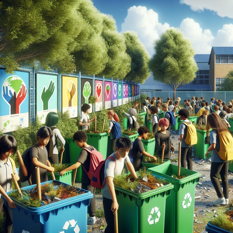 A schoolyard with recycling bins, climate change posters, and tree planting activities.