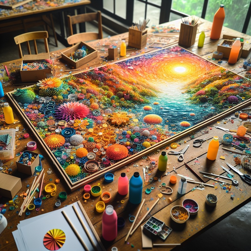 Colorful art project made from recycled materials on a wooden table.