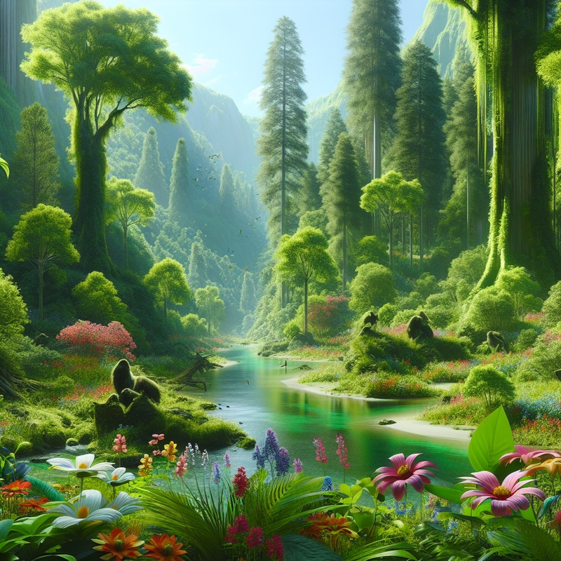 A vibrant forest scene with flowers, blue sky, and a river.
