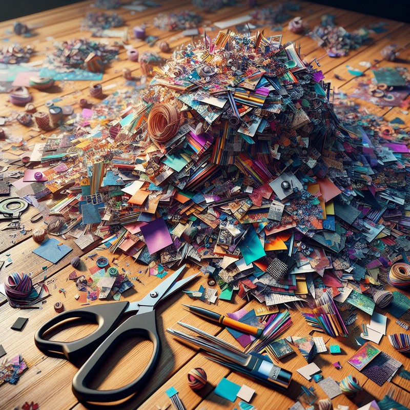 Colorful paper scraps, glue, and scissors on a table, representing a collage art project.