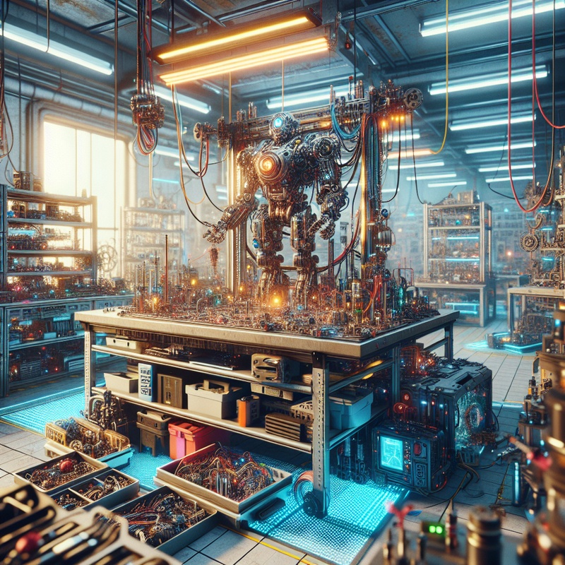 A futuristic robotics lab with sensors and motors on a workbench.