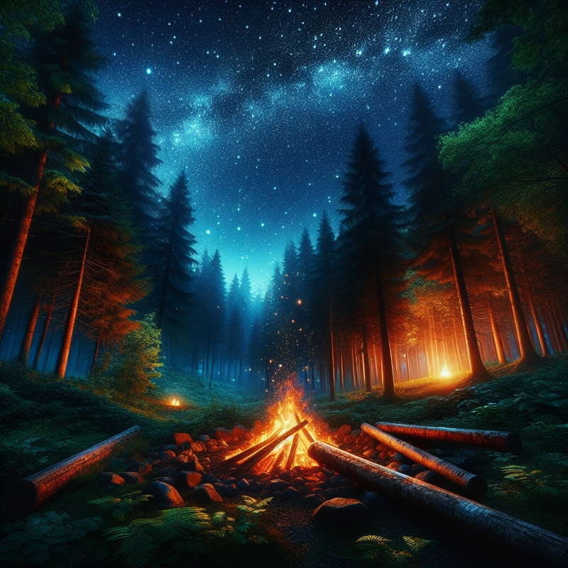 A campfire in a forest at night with stars visible in the sky.