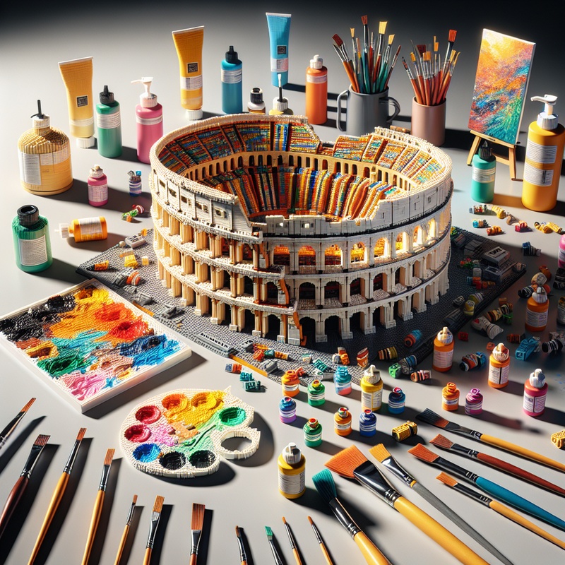 LEGO model of the Colosseum with art supplies nearby.