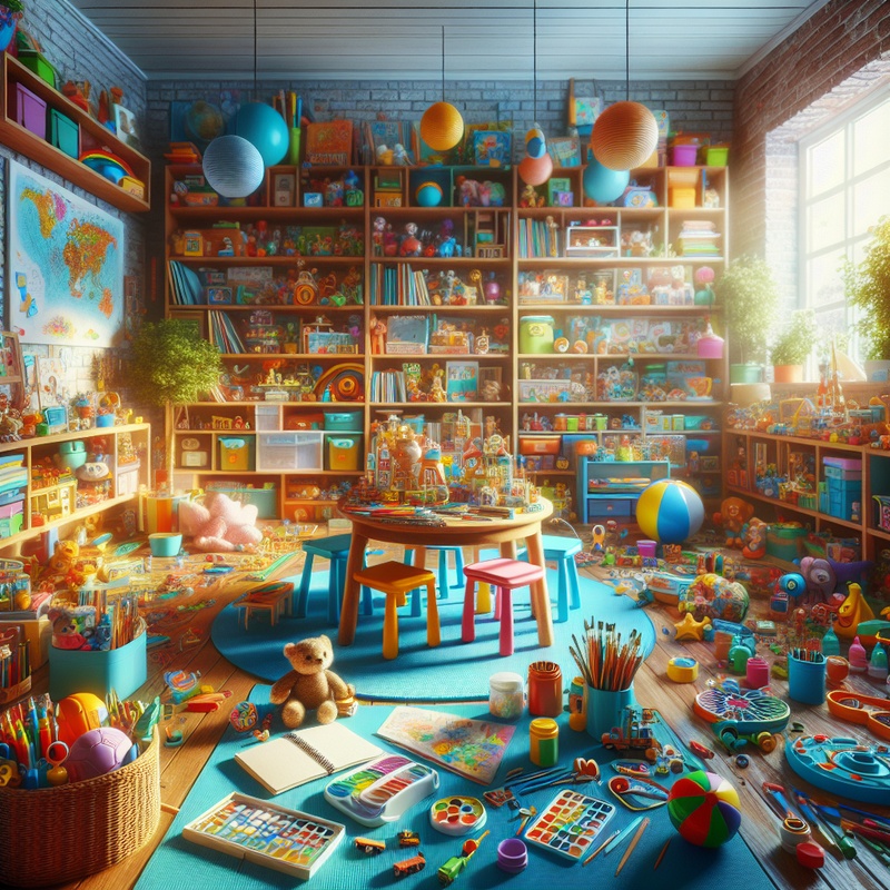 A playroom with educational toys, books, and art supplies in natural light.