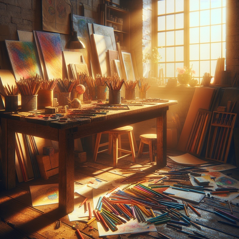Art studio with colorful drawing tools on a table, sunlight through a window.