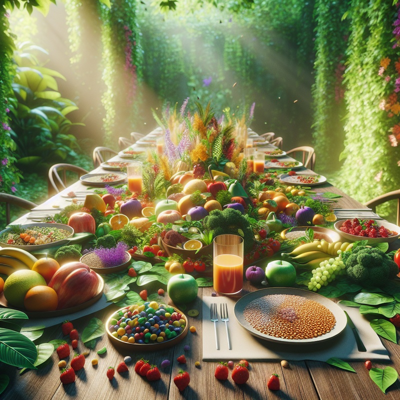 A table with colorful fruits, vegetables, and grains, promoting mindful eating.