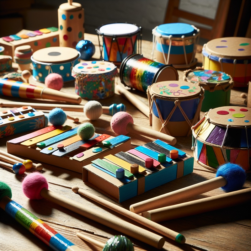 Colorful musical instruments for kids made from cardboard and wood, decorated with paints and stickers.