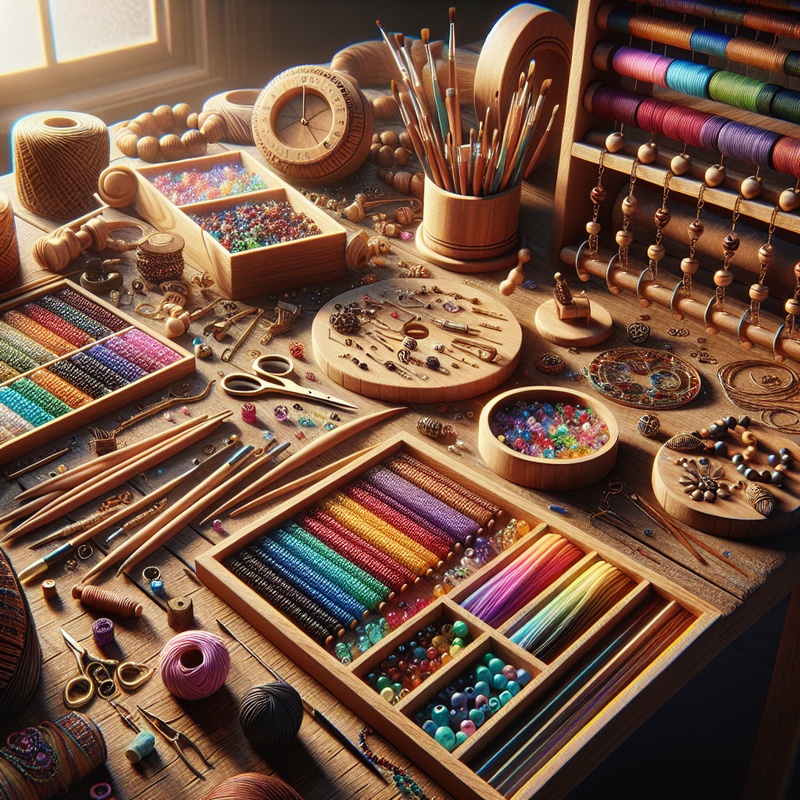 Colorful beads and jewelry-making tools on a crafting table.