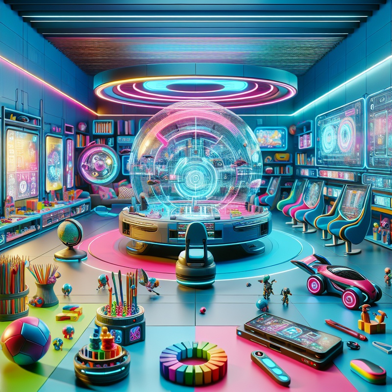 A colorful playroom with AI toys and digital art tools.