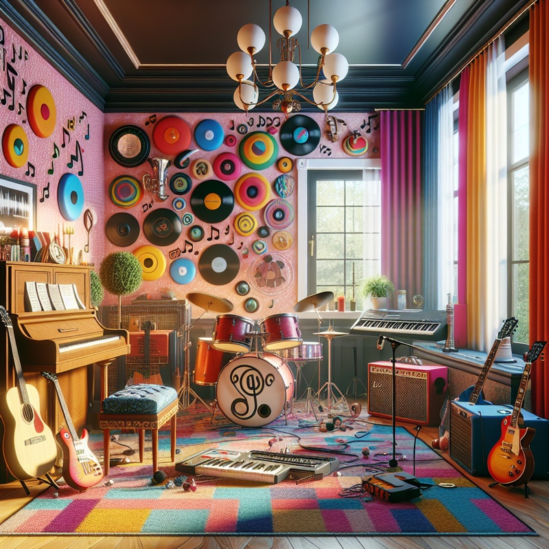 A music room with various instruments and colorful decorations.