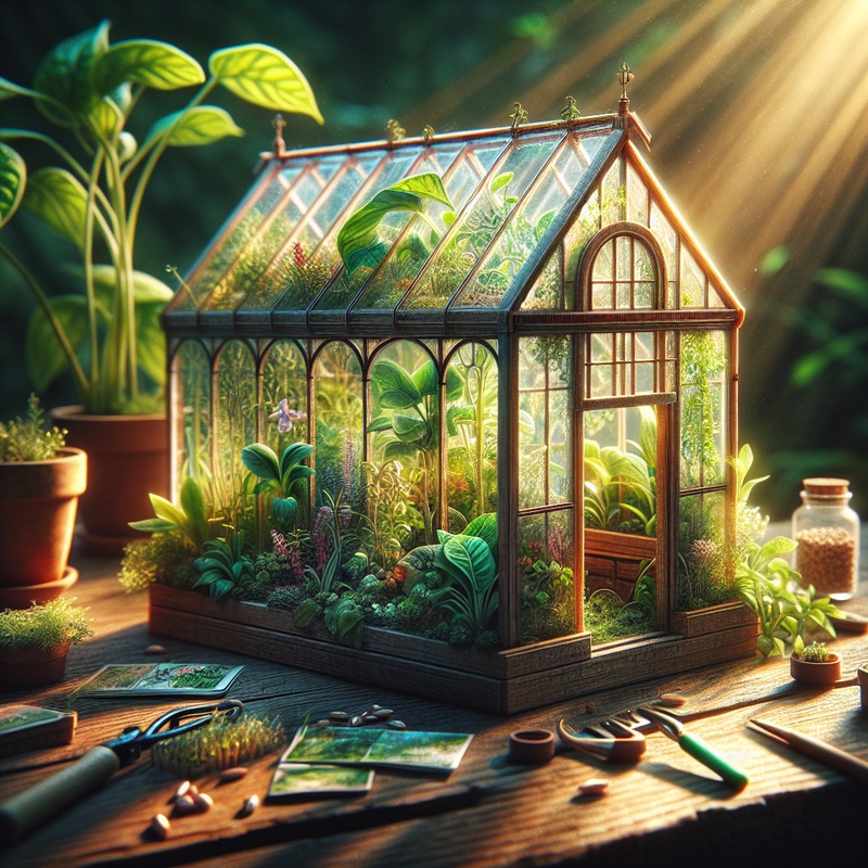 Mini greenhouse with plants in a clear container, sunlight, and gardening tools.