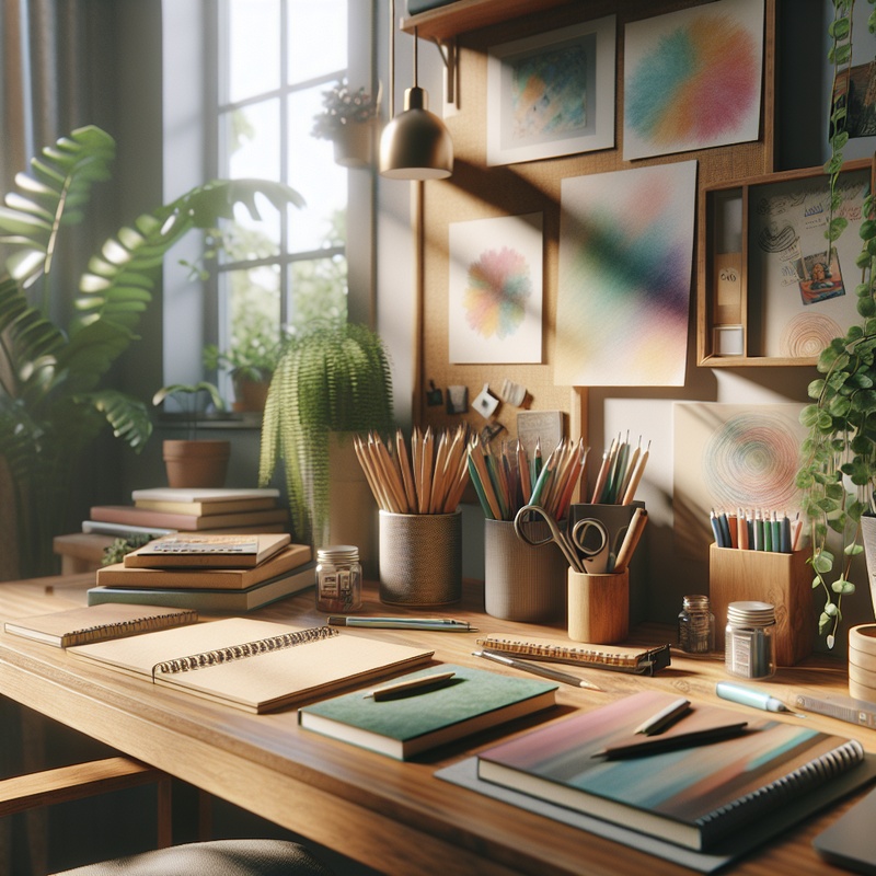 A cozy journaling space with notebooks, art supplies, and plants on a desk.