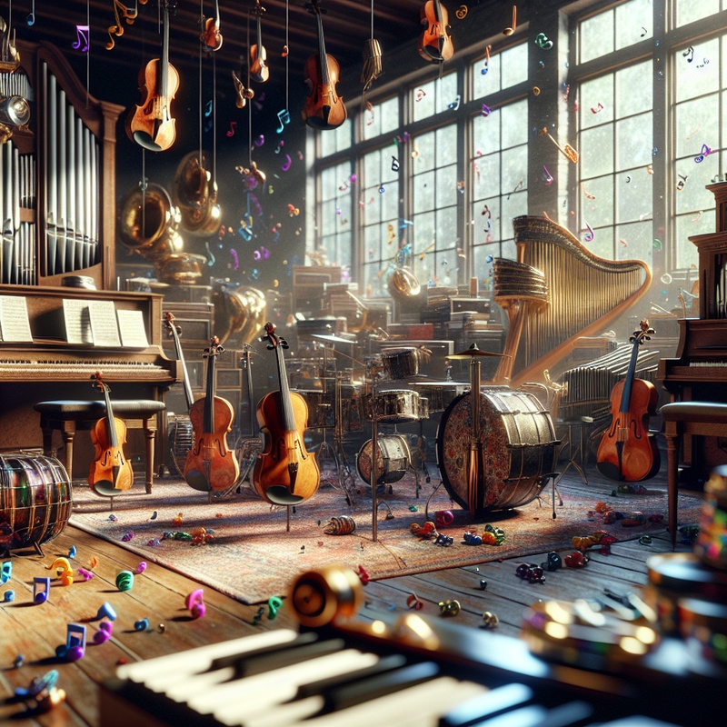Musical instruments in a sunlit room with colorful music notes.